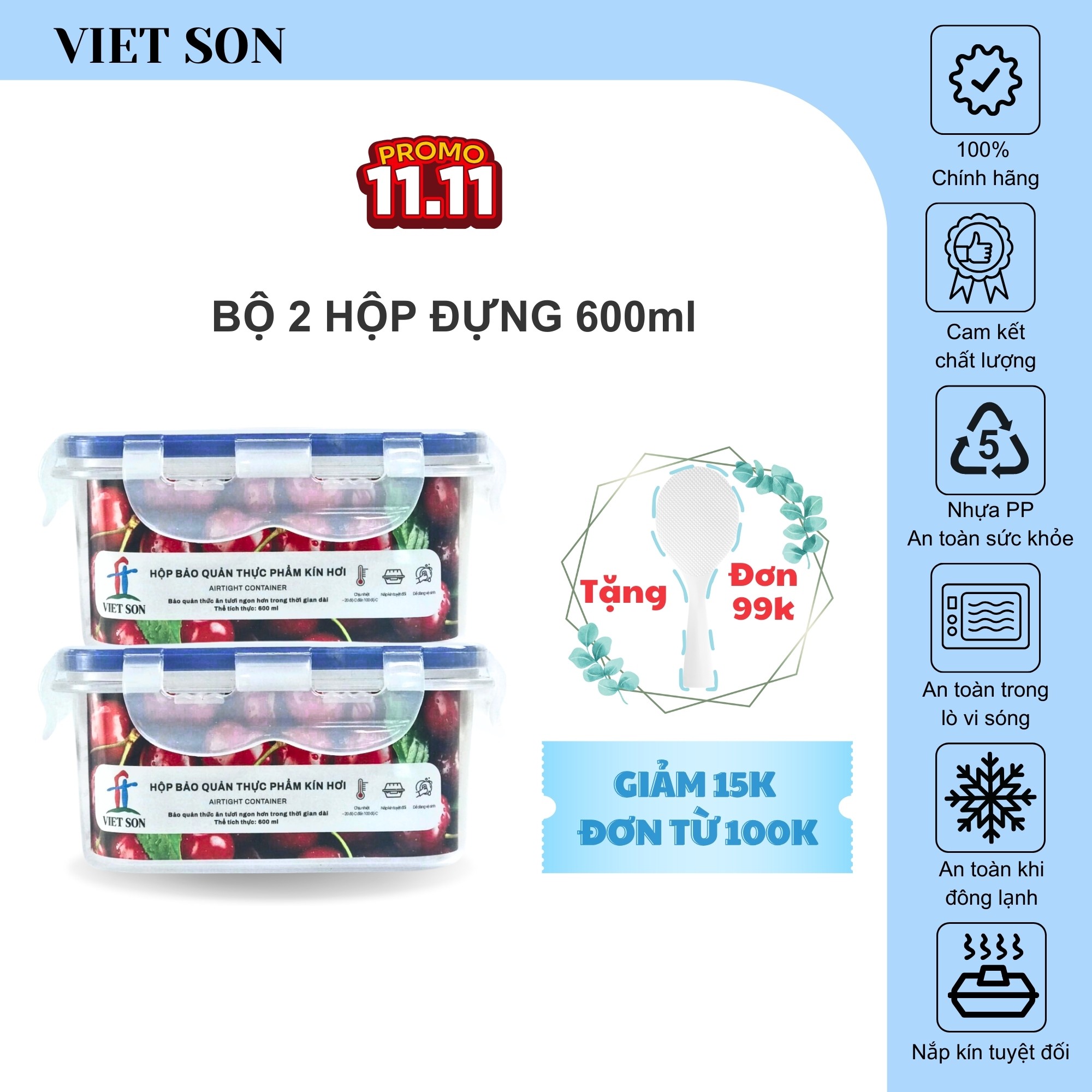 Bộ 2 Hộp Đựng Thực Phẩm Việt Son 600ml Nắp Khóa 4 Cạnh Kín Hơi